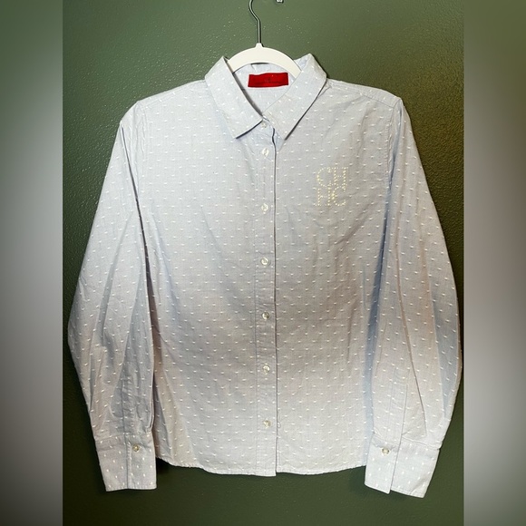 Carolina Herrera Kids Girl Blue and White Button Down with Pearl Monogram Sz 12 - Picture 1 of 6